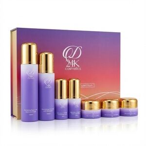 24K Cosmetics Skincare Set with Gold and Purple Bottles